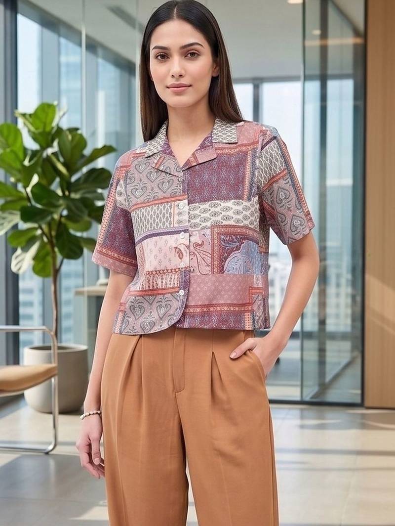 Print Ethnic Satin Crop Top
