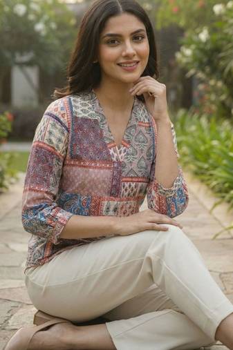Print Puff Sleeve Satin Blend Top