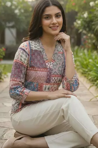 Print Puff Sleeve Satin Blend Top