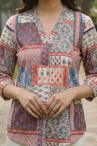 Print Puff Sleeve Satin Blend Top