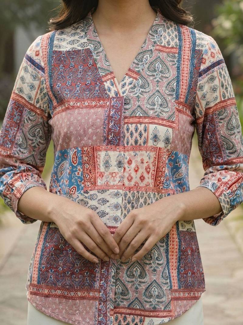 Print Puff Sleeve Satin Blend Top