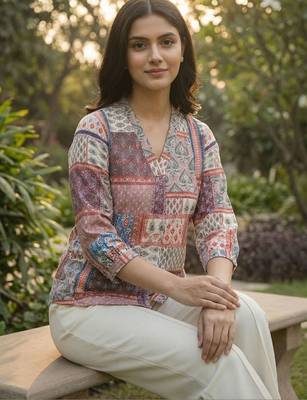 Print Puff Sleeve Satin Blend Top 3