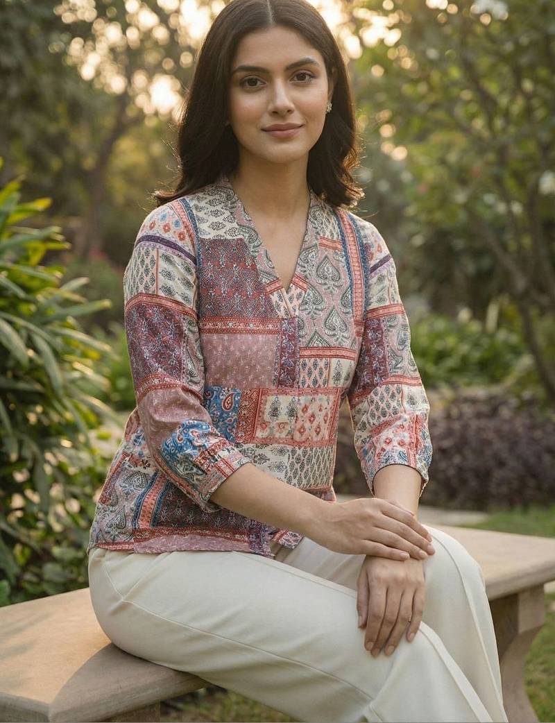 Print Puff Sleeve Satin Blend Top
