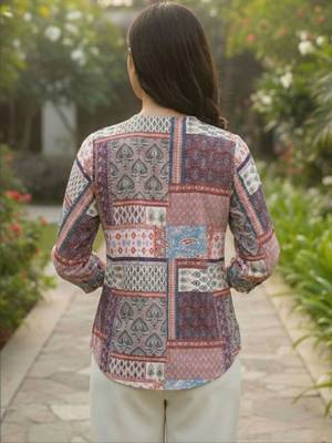 Print Puff Sleeve Satin Blend Top 4
