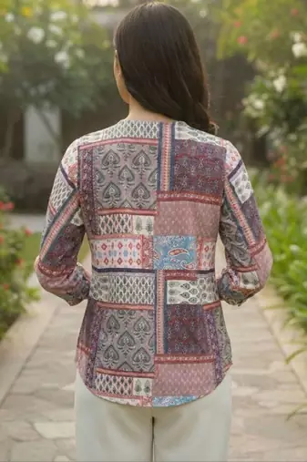 Print Puff Sleeve Satin Blend Top