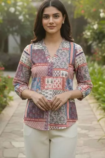Print Puff Sleeve Satin Blend Top