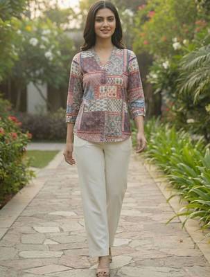 Print Puff Sleeve Satin Blend Top 6