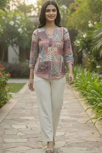 Print Puff Sleeve Satin Blend Top