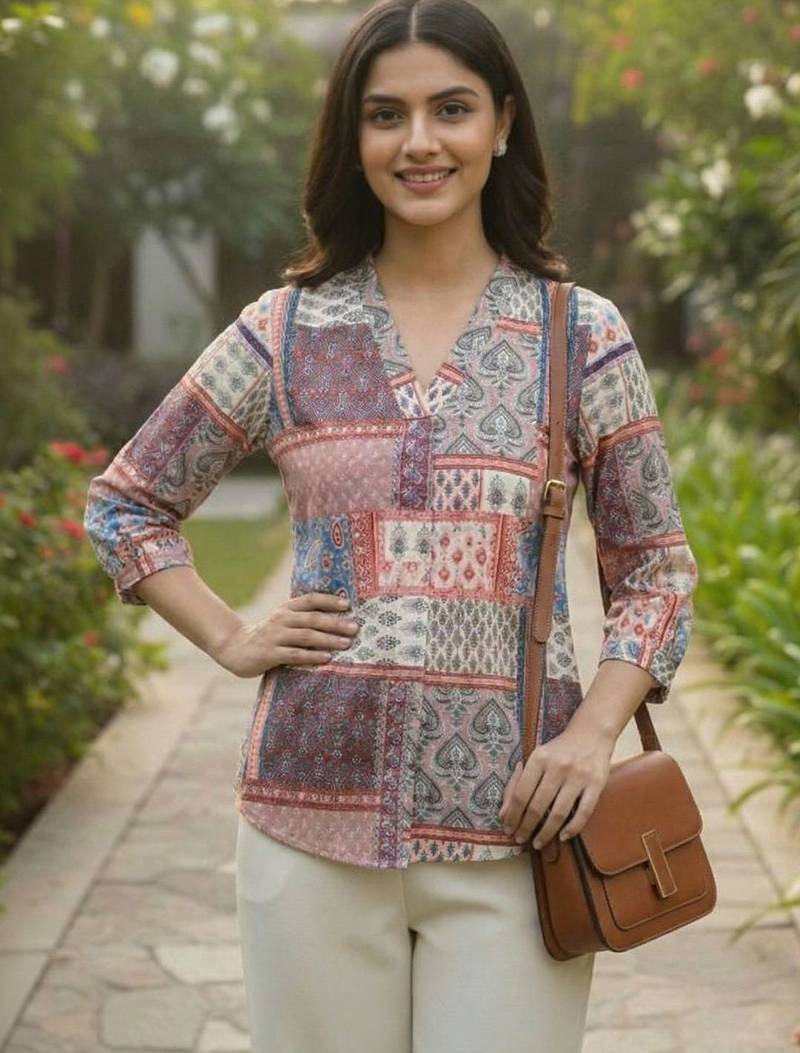 Print Puff Sleeve Satin Blend Top