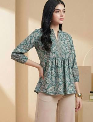 Floral Print Mandarin Collar Puff Sleeve Bohemian Peplum Top 1
