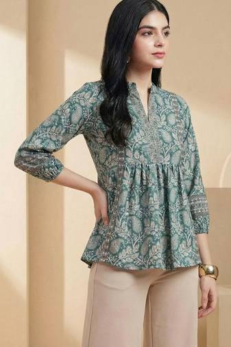 Floral Print Mandarin Collar Puff Sleeve Bohemian Peplum Top