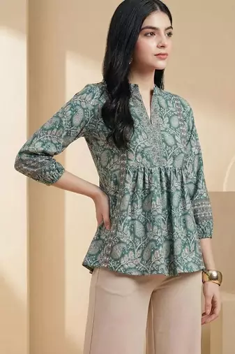 Floral Print Mandarin Collar Puff Sleeve Bohemian Peplum Top