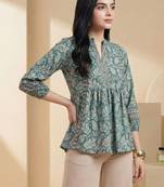 Floral Print Mandarin Collar Puff Sleeve Bohemian Peplum Top