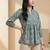 Floral Print Mandarin Collar Puff Sleeve Bohemian Peplum Top