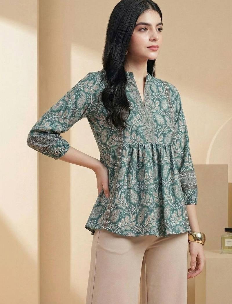 Floral Print Mandarin Collar Puff Sleeve Bohemian Peplum Top