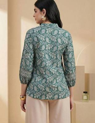 Floral Print Mandarin Collar Puff Sleeve Bohemian Peplum Top 2