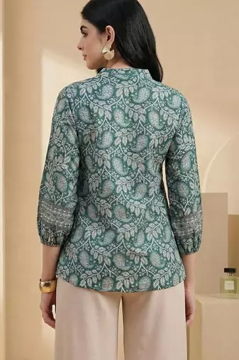 Floral Print Mandarin Collar Puff Sleeve Bohemian Peplum Top