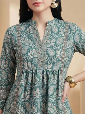 Floral Print Mandarin Collar Puff Sleeve Bohemian Peplum Top 3