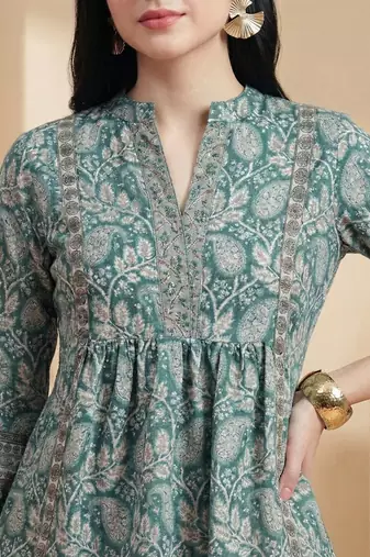Floral Print Mandarin Collar Puff Sleeve Bohemian Peplum Top