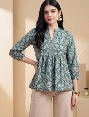 Floral Print Mandarin Collar Puff Sleeve Bohemian Peplum Top 4