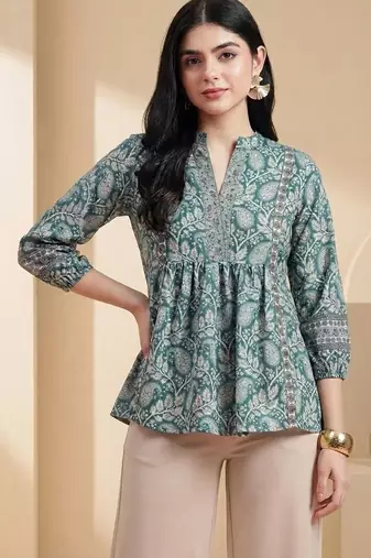 Floral Print Mandarin Collar Puff Sleeve Bohemian Peplum Top
