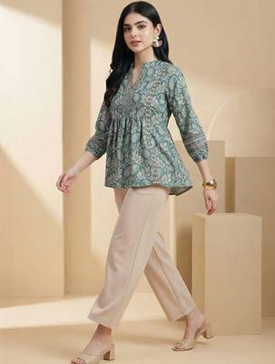 Floral Print Mandarin Collar Puff Sleeve Bohemian Peplum Top 5