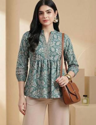 Floral Print Mandarin Collar Puff Sleeve Bohemian Peplum Top 6