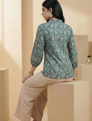 Floral Print Mandarin Collar Puff Sleeve Bohemian Peplum Top 7