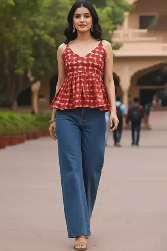 Print Block Print Cotton Peplum Top