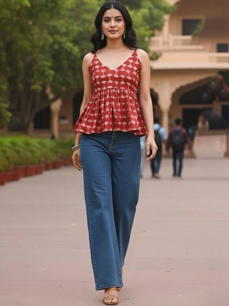 Print Block Print Cotton Peplum Top