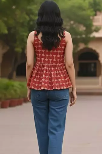 Print Block Print Cotton Peplum Top