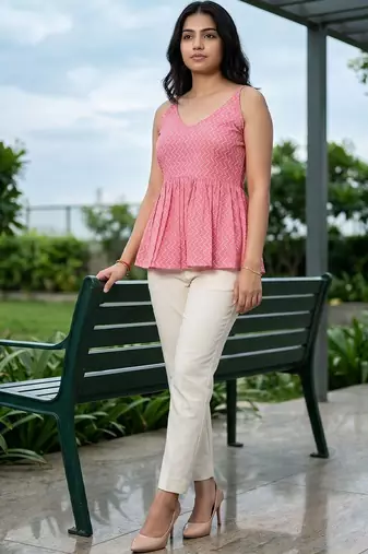 Geometric Print Cotton Peplum Top