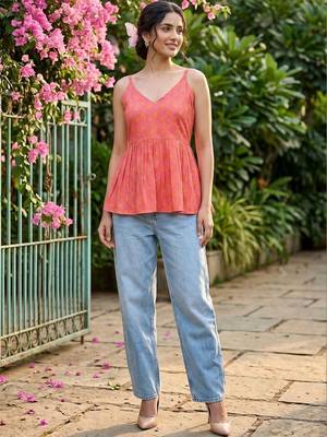 Geometric Print Block Print Cotton Peplum Top 1