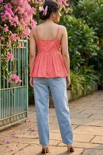 Geometric Print Block Print Cotton Peplum Top
