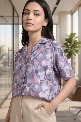 Print Satin Shirt Style Top