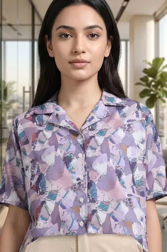 Print Satin Shirt Style Top