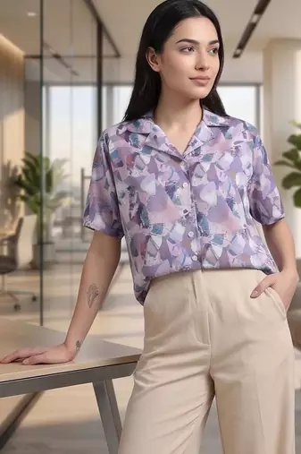 Print Satin Shirt Style Top