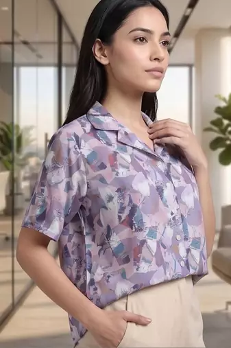 Print Satin Shirt Style Top