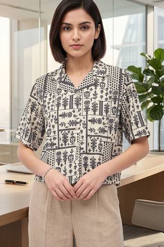 Print Ethnic Satin Shirt Style Top