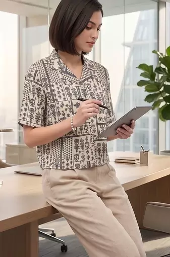 Print Ethnic Satin Shirt Style Top