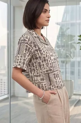 Print Ethnic Satin Shirt Style Top