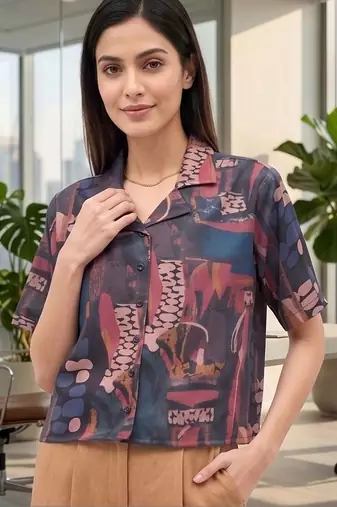 Print Satin Shirt Style Top