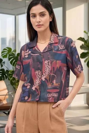 Print Satin Shirt Style Top