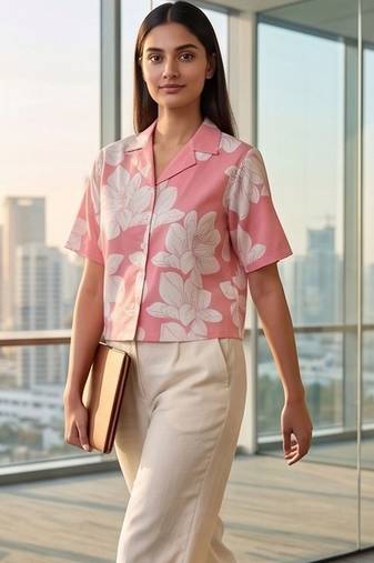 Floral Print Tropical Satin Shirt Style Crop Top
