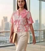 Floral Print Tropical Satin Shirt Style Crop Top