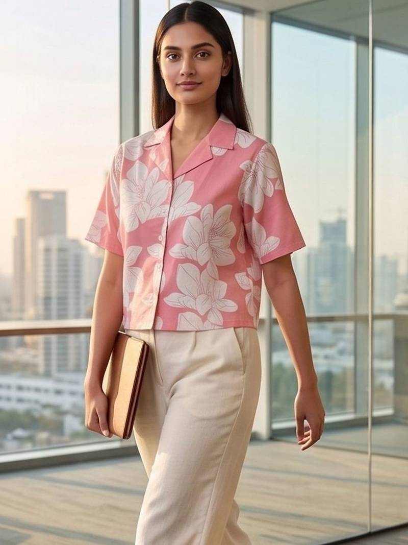 Floral Print Tropical Satin Shirt Style Crop Top
