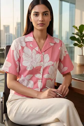 Floral Print Tropical Satin Shirt Style Crop Top