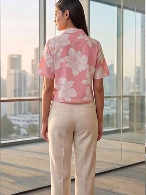 Floral Print Tropical Satin Shirt Style Crop Top 4