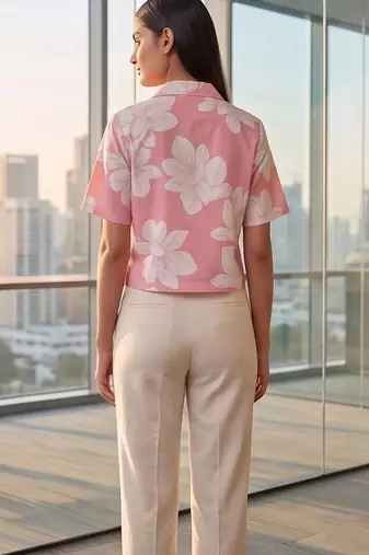 Floral Print Tropical Satin Shirt Style Crop Top