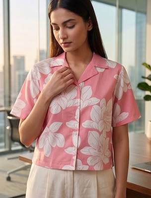 Floral Print Tropical Satin Shirt Style Crop Top 6